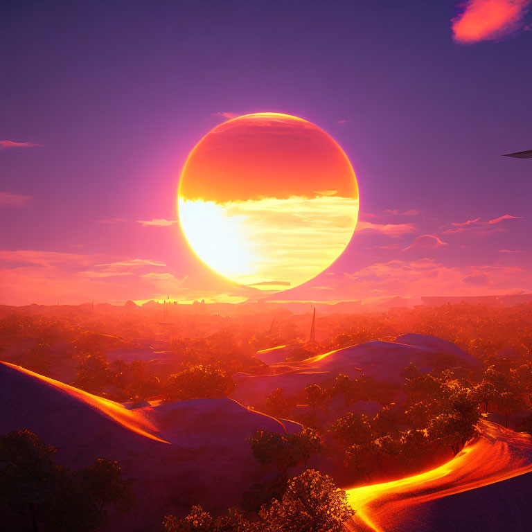 Alien landscape digital artwork with glowing sun and colorful sky