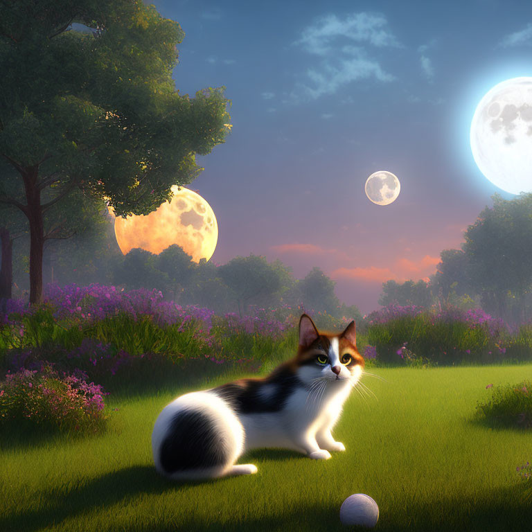 Calico Cat with Ball in Twilight Meadow with Two Moons