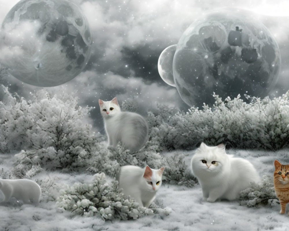 Four cats in snowy landscape under oversized moons create surreal scene
