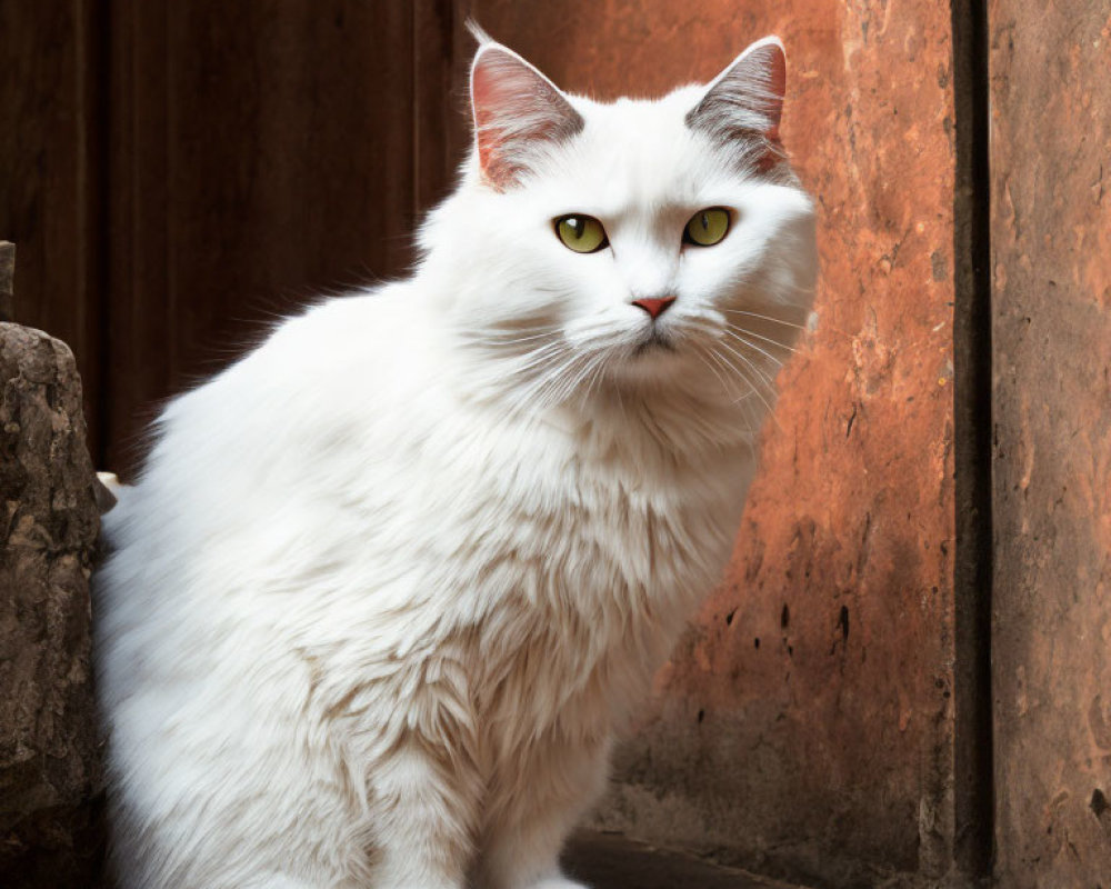 Fluffy white cat with yellow eyes near rust-colored wall