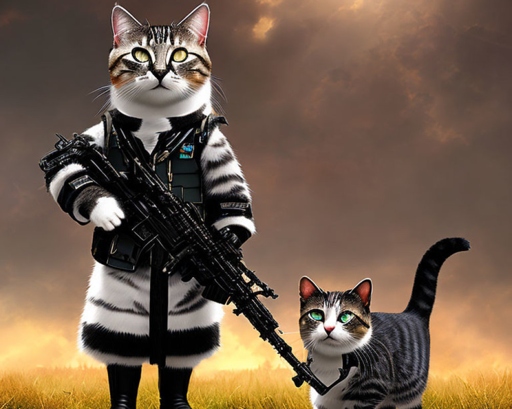 Anthropomorphic cats in military attire against dramatic sky.