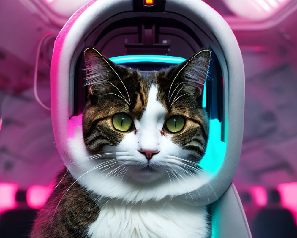 Cat with Green Eyes in Futuristic Gaming Chair with Pink and Blue Lighting