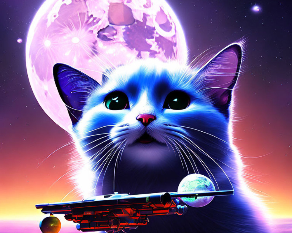 Colorful surreal illustration: Blue cat on spaceship in cosmic scene
