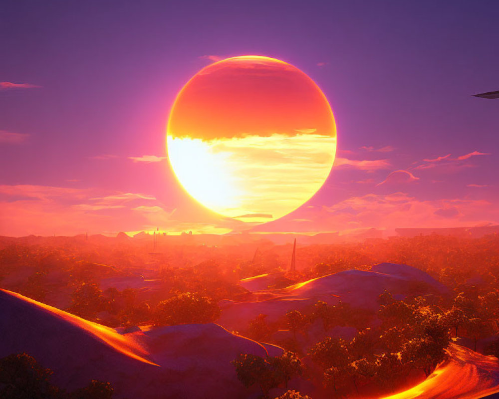 Alien landscape digital artwork with glowing sun and colorful sky
