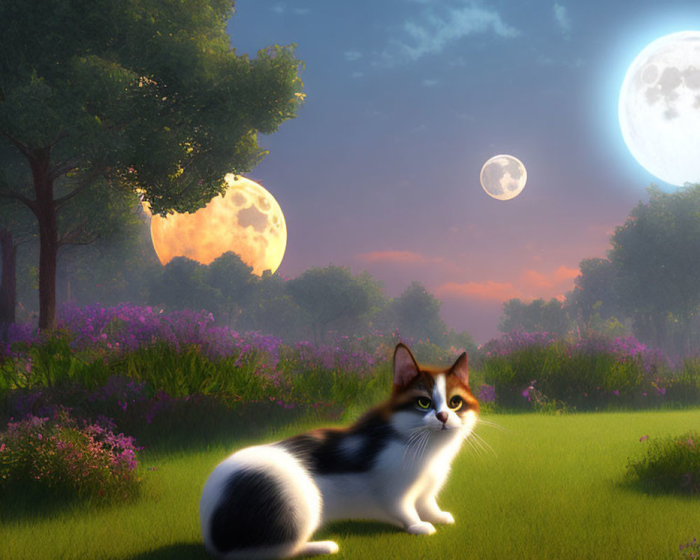 Calico Cat with Ball in Twilight Meadow with Two Moons