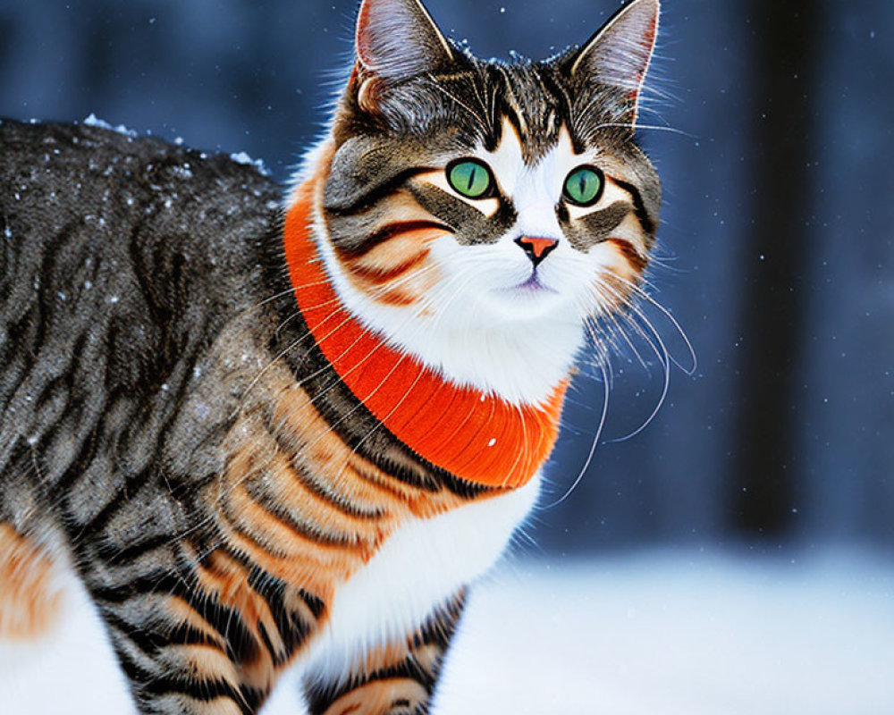 Cat with Green Eyes and Orange Collar in Snowfall