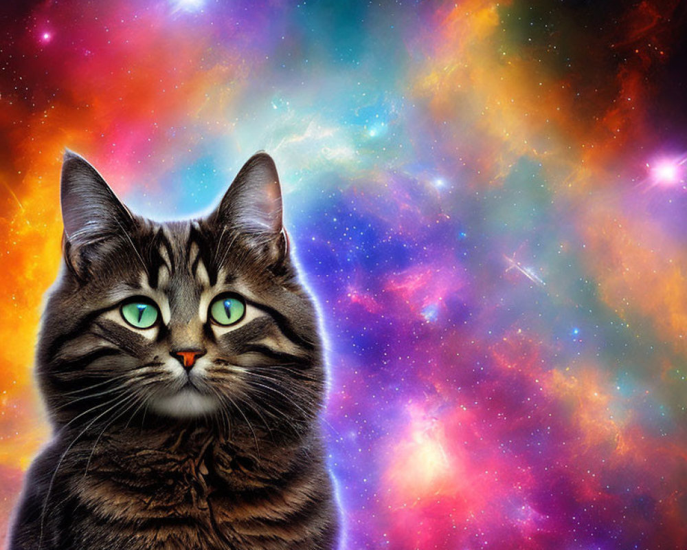Tabby Cat with Green Eyes on Cosmic Background of Stars & Nebulae
