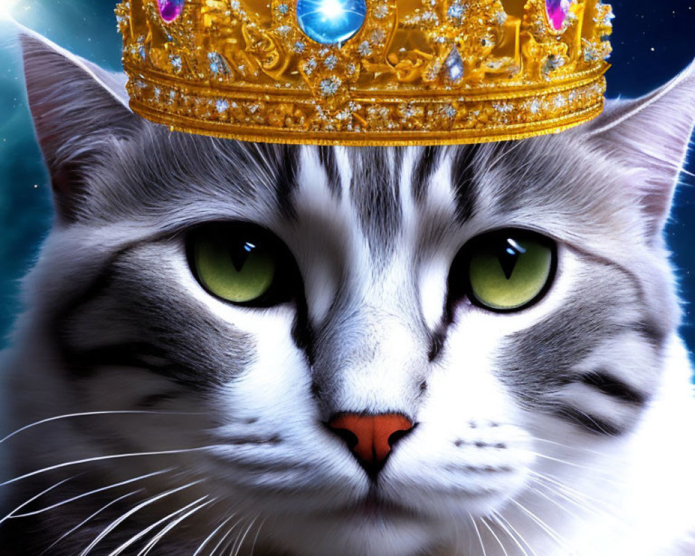 White and Gray Cat Wearing Crown and Necklace on Starry Night Background