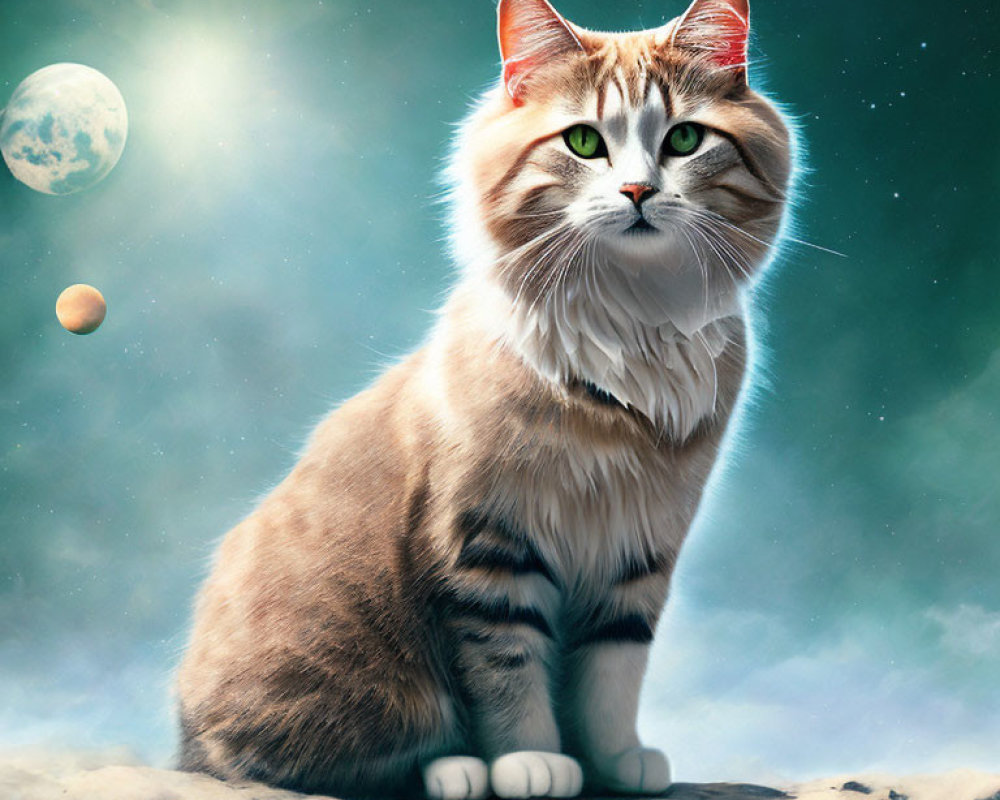 Majestic cat on lunar surface with starry sky and celestial bodies
