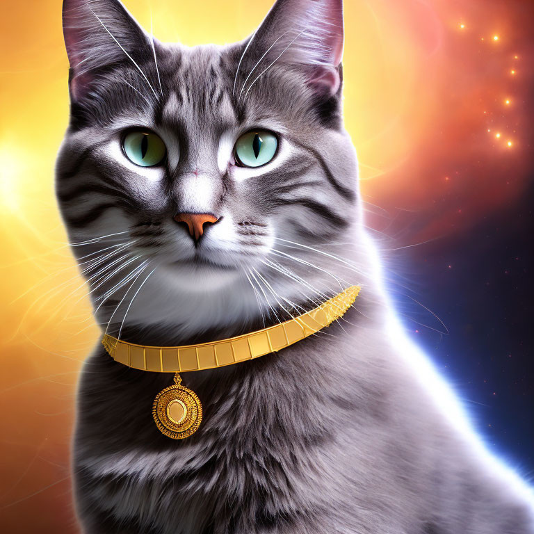 Majestic grey tabby cat portrait with green eyes and golden necklace in cosmic setting