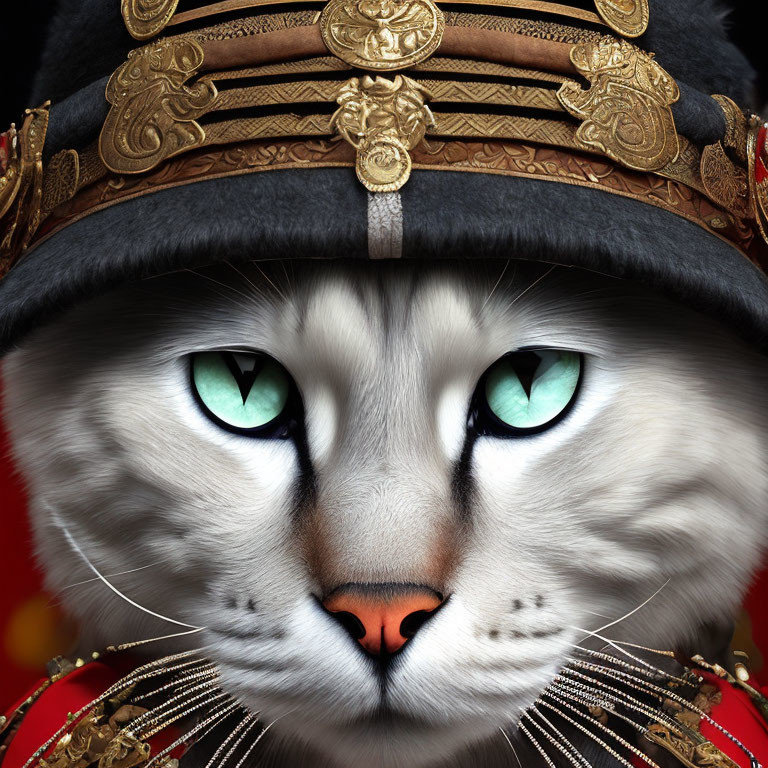 Detailed Digital Illustration: Cat with Blue Eyes in Military Hat on Red Background