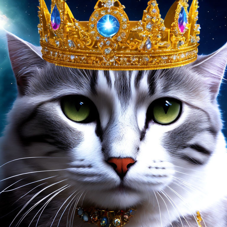 White and Gray Cat Wearing Crown and Necklace on Starry Night Background