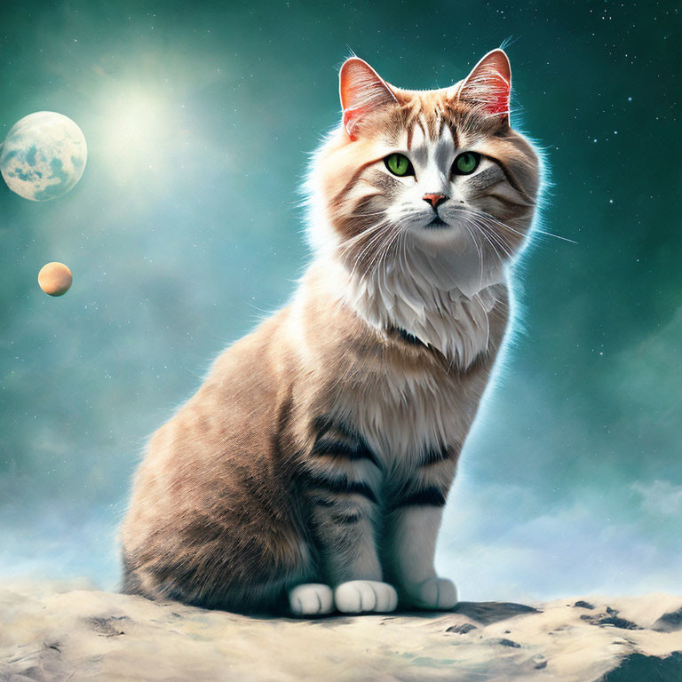 Majestic cat on lunar surface with starry sky and celestial bodies