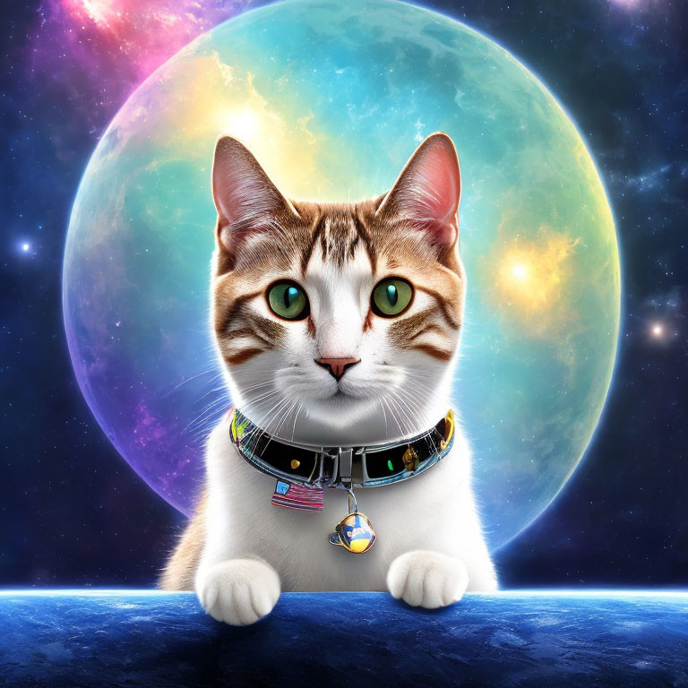 Green-eyed cat with collar in space with planets & stars