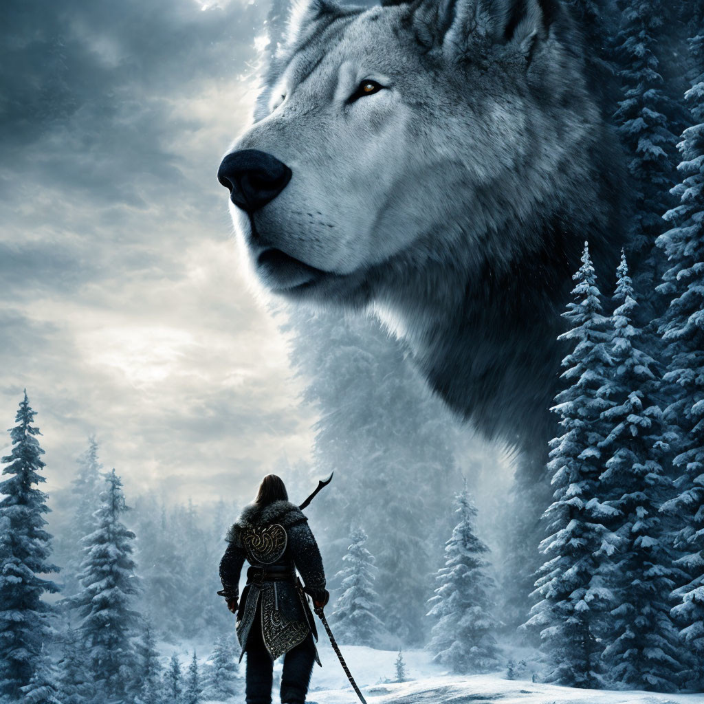 Warrior with cape and sword confronts ethereal wolf in snowy forest