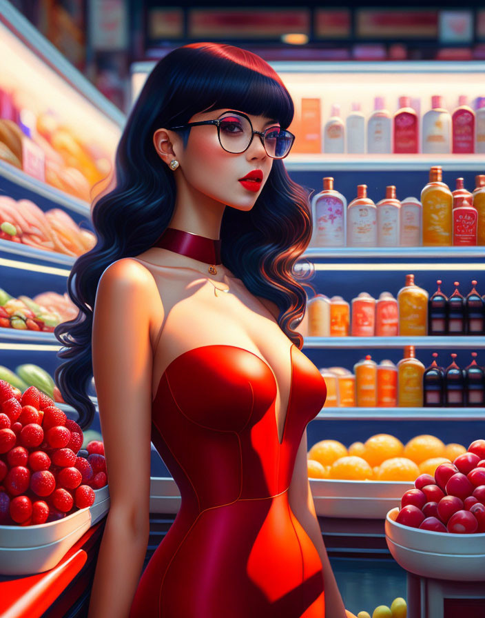 Illustration of woman in red dress with glasses at colorful grocery shelf