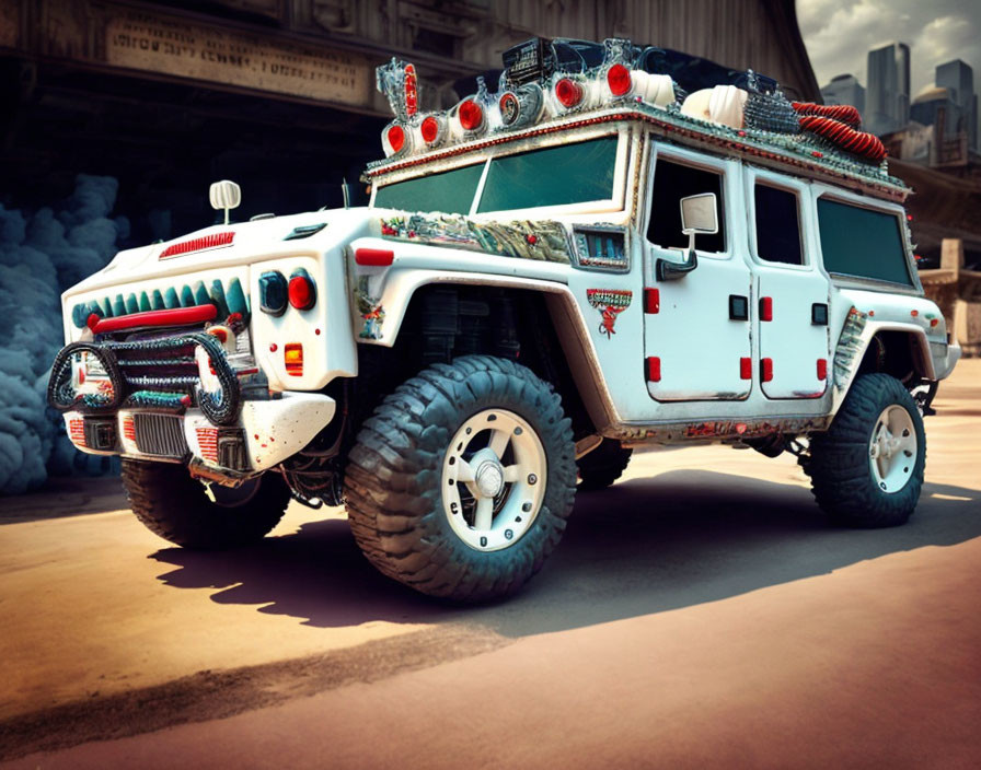 Customized White Hummer with Oversized Tires and Exterior Cargo in Industrial Setting