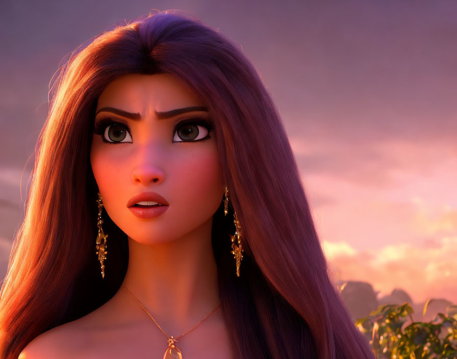 Surprised animated female character with long wavy hair and wide eyes at sunset