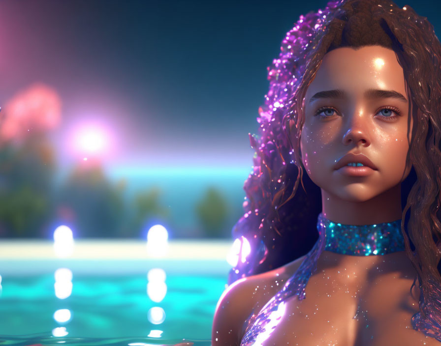 Girl with Glowing Star Particles in Hair by Tranquil Pool at Sunset