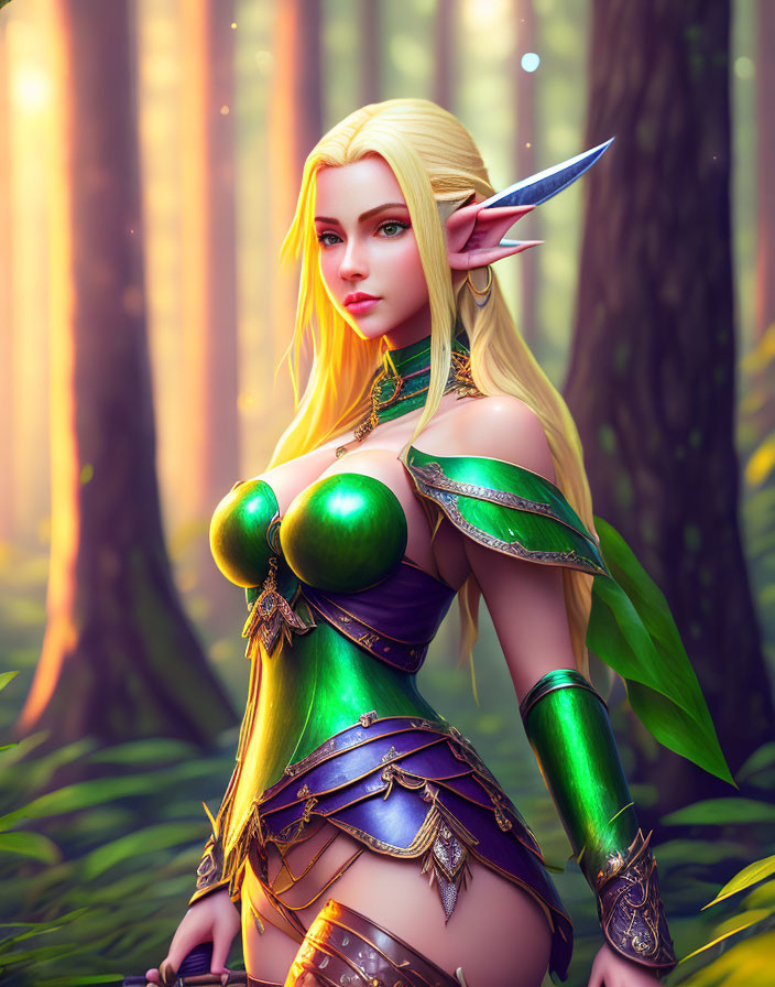 Blonde-haired elf woman in green and gold armor in forest.