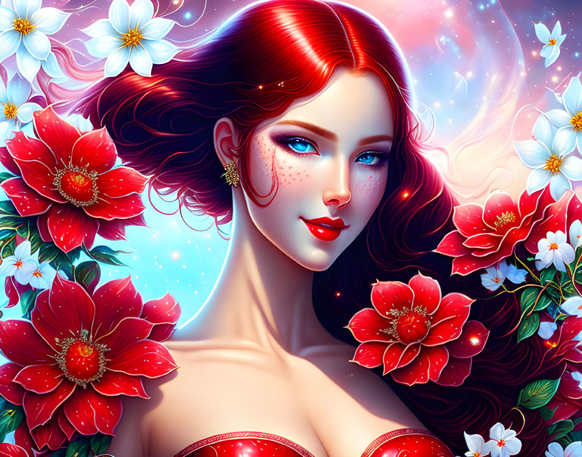 Digital Artwork: Red-Haired Woman Among Vibrant Flowers in Cosmic Setting