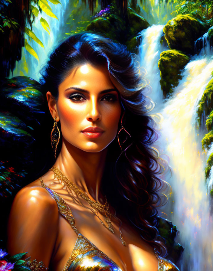 Digital painting of woman with golden jewelry by vibrant waterfall