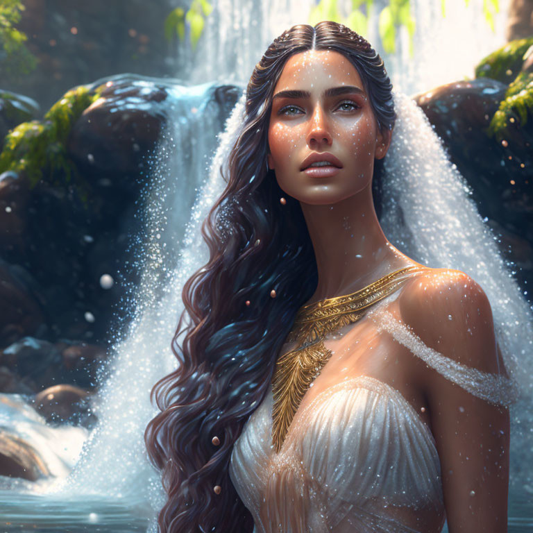 Digital artwork: Woman with long dark hair and gold adornments by sunlit waterfall