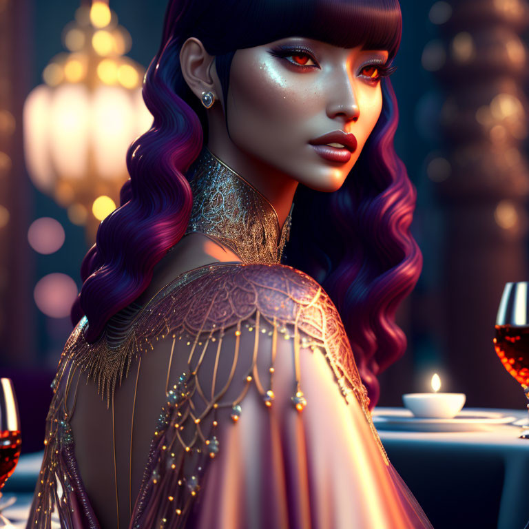 Digital illustration: Woman with purple hair and glowing makeup in elegant evening setting.