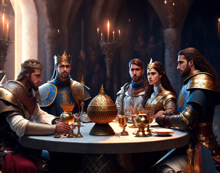 Medieval-themed royal counsel gathering with regal individuals and golden goblets