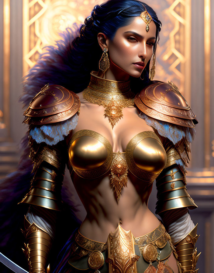 Regal woman in ornate golden armor with blue eyes