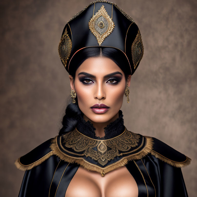 Regal woman in ornate black and gold headdress and attire.