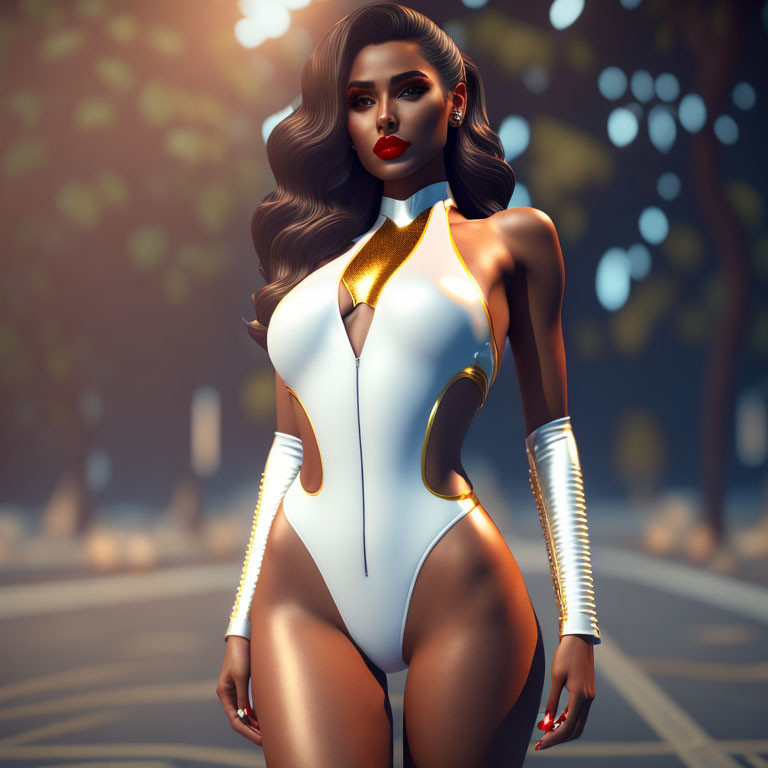 Futuristic digital artwork: Woman in white and gold bodysuit on sunlit street