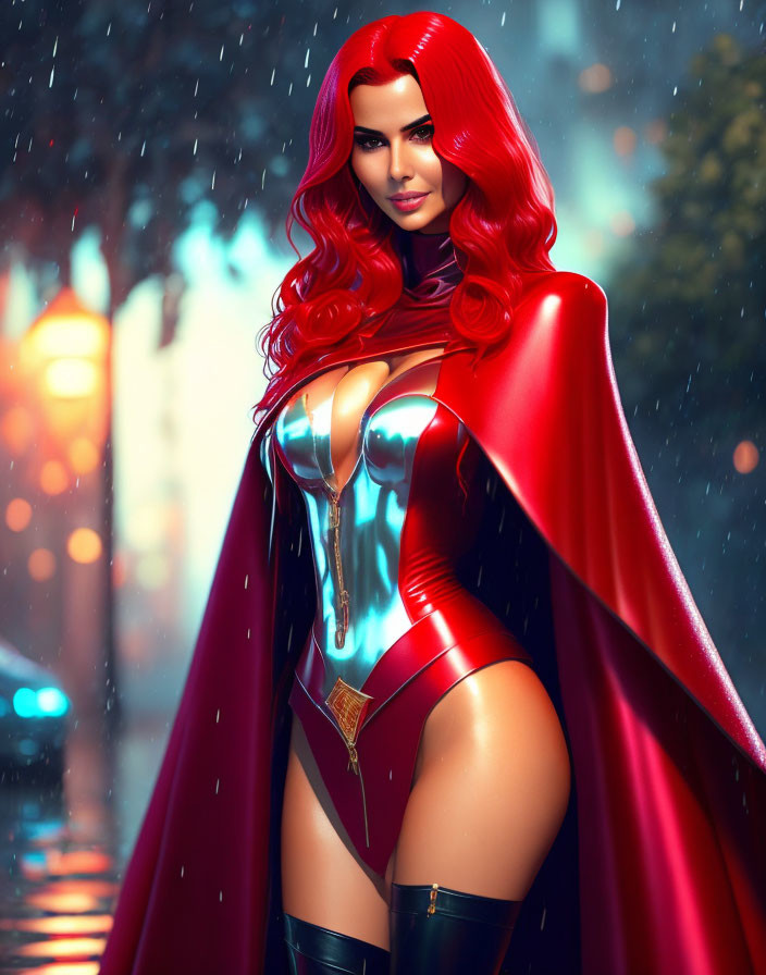 Female superhero with red hair in metallic bodysuit and cape standing confidently in rain at night