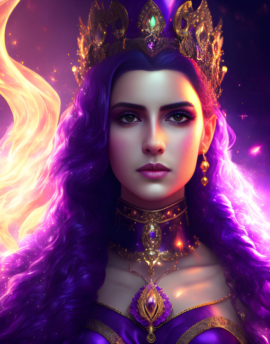 Regal woman with purple hair and golden crown in mystical setting