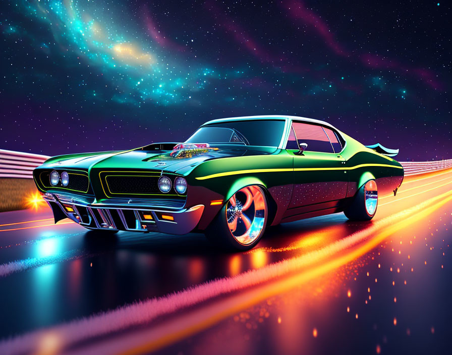 Colorful Reflective Paint Job on Classic Muscle Car Night Drive