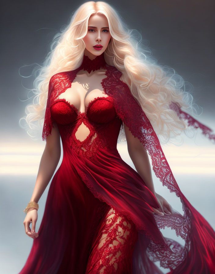 Digital Artwork: Woman with Blonde Hair in Red Lace Gown