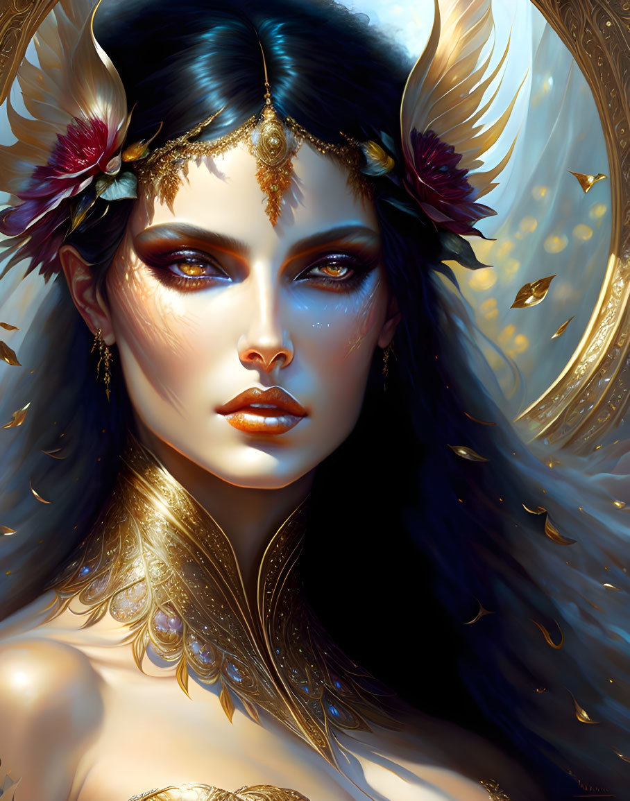 Elaborate Golden Headdress and Ethereal Glow Female Portrait