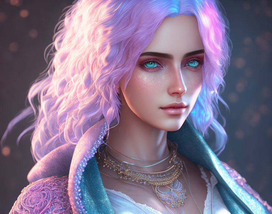 Digital Artwork: Female with Violet Hair and Blue Eyes in Ornate Jewelry