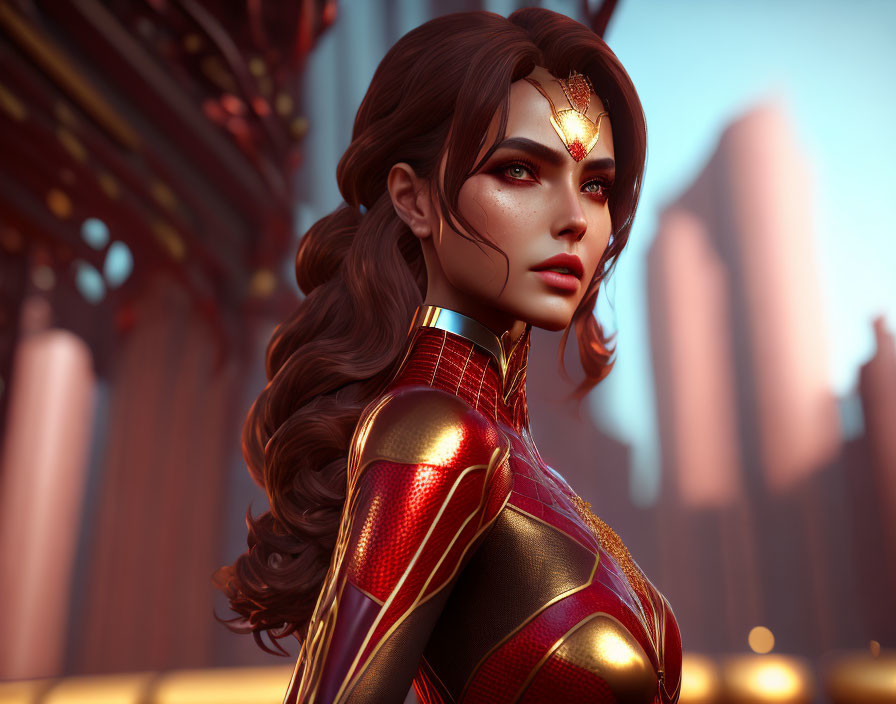 Female superhero in red armor and gold accents on urban backdrop - 3D illustration