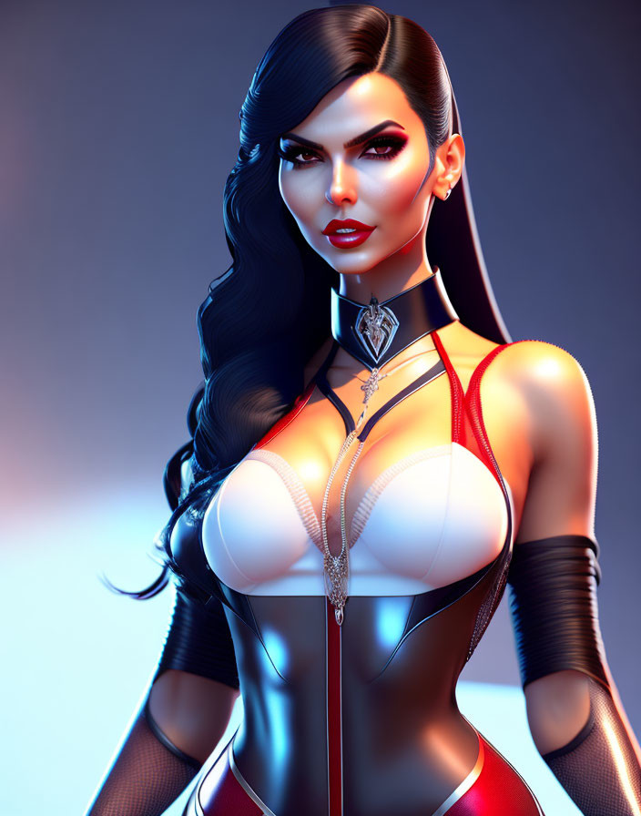 Digital illustration of woman with black hairstyle in red corset