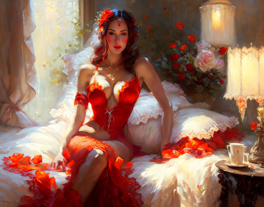 Woman in Red and White Bridal Lingerie on Bed with Rose Petals