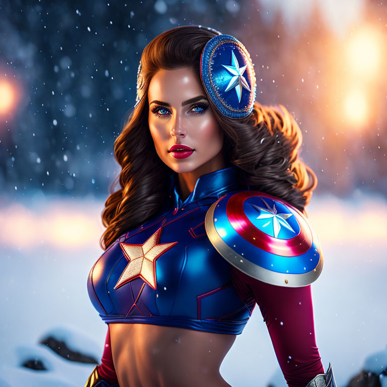 Stylized female superhero in patriotic costume with shield in snowy, fiery scene