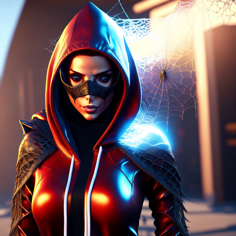 Mysterious female character with red hood and mask in dimly lit setting
