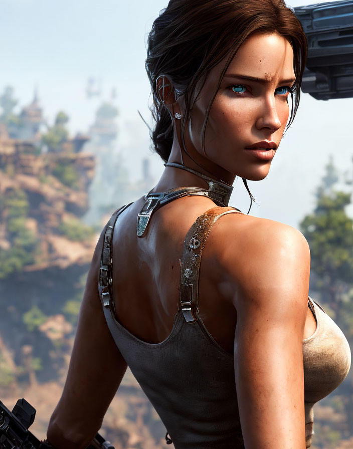 3D-rendered female character with brown hair and blue eyes in tank top with futuristic weapons and natural