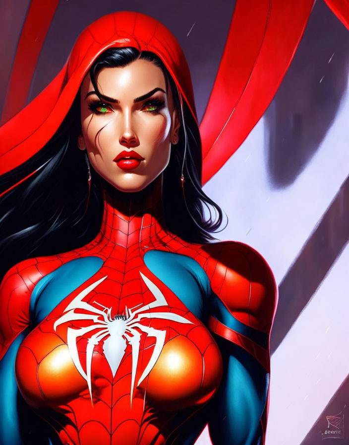 Female superhero with long black hair in red and blue spider costume
