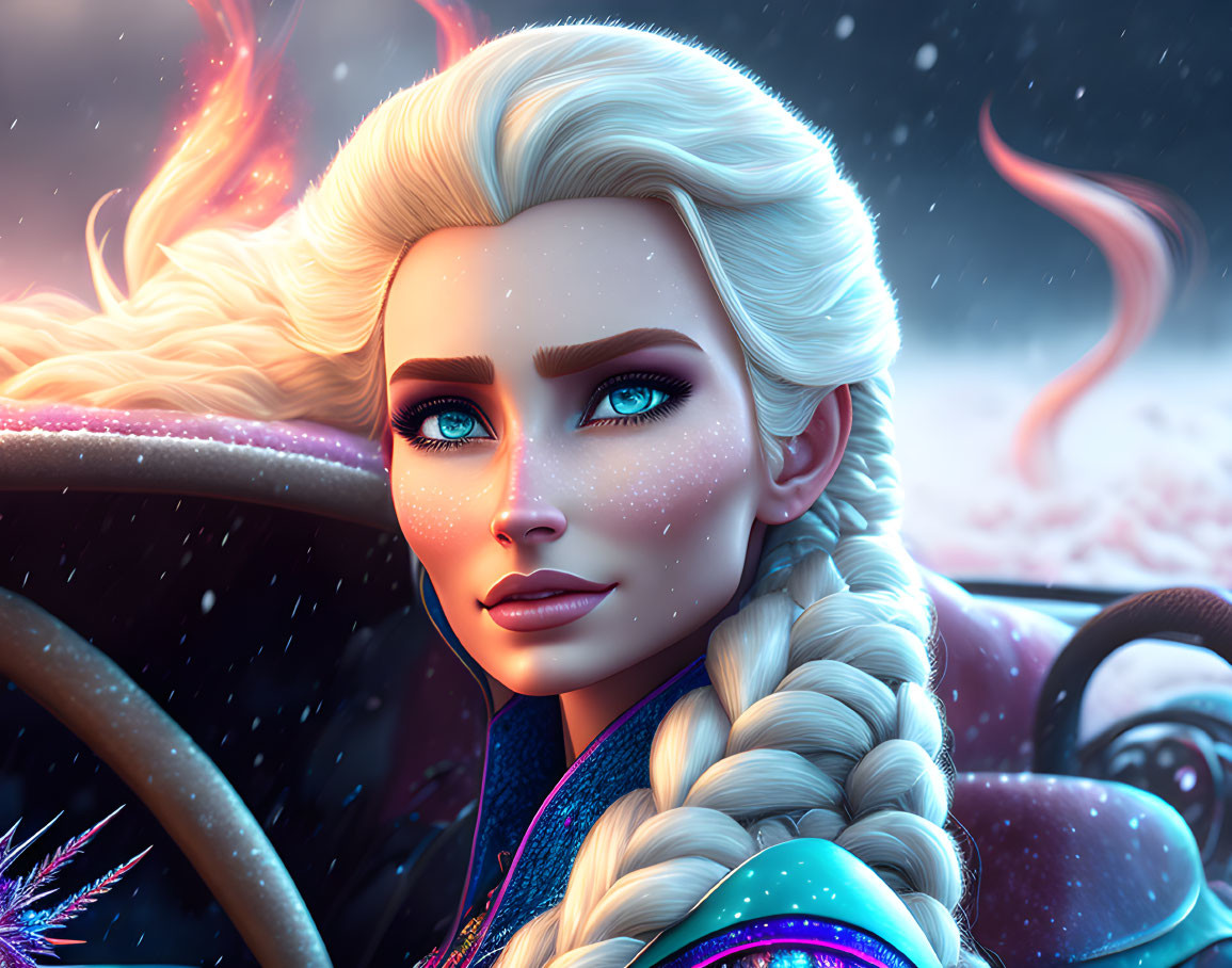 Female character with platinum blonde braided hair in snowy scene with fiery elements