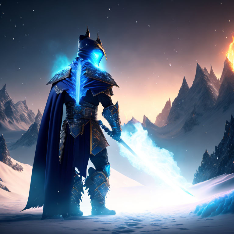 Blue Glowing Knight in Snowy Landscape with Sword in Mountainous Backdrop