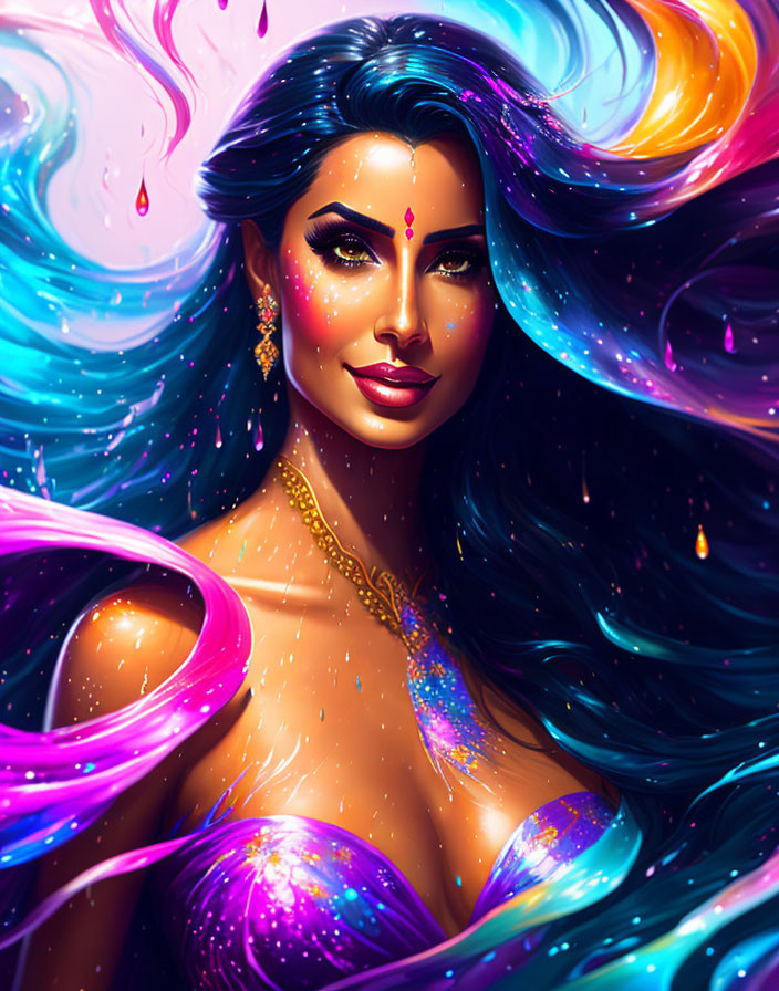 Colorful digital portrait of a woman with flowing hair and gold necklace on vibrant swirling background