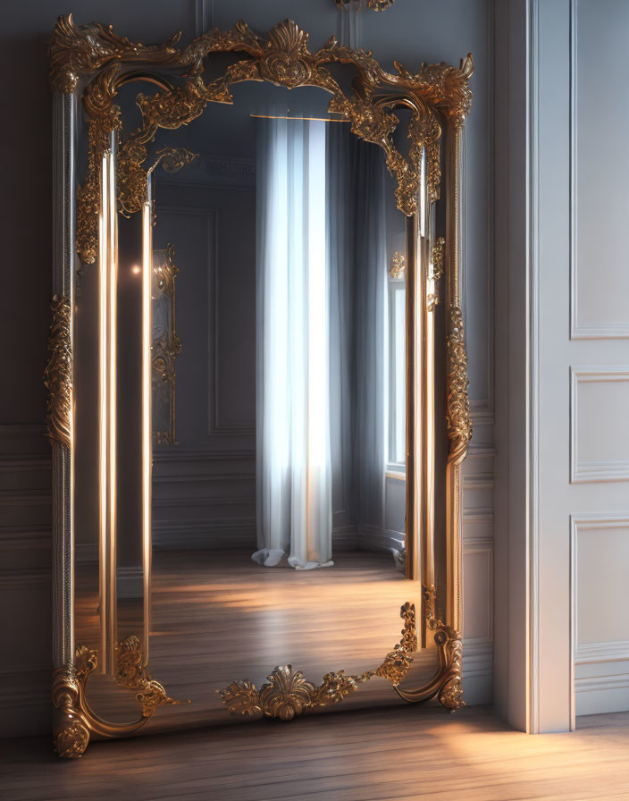 Gold-framed mirror reflecting elegant room with curtain-drawn window.