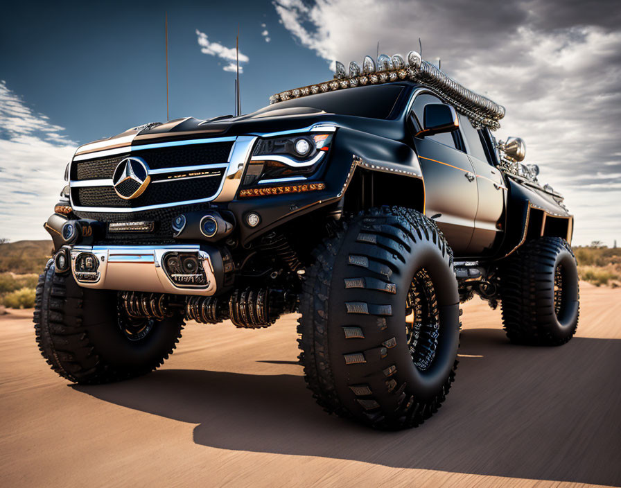 Custom Mercedes 6x6 truck with oversized off-road tires in desert setting